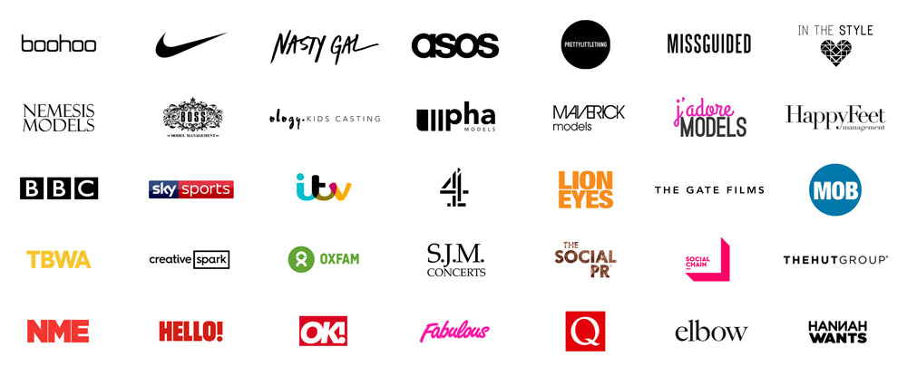 Logos of clients that have used the studio including Boohoo, Nike, BBC.